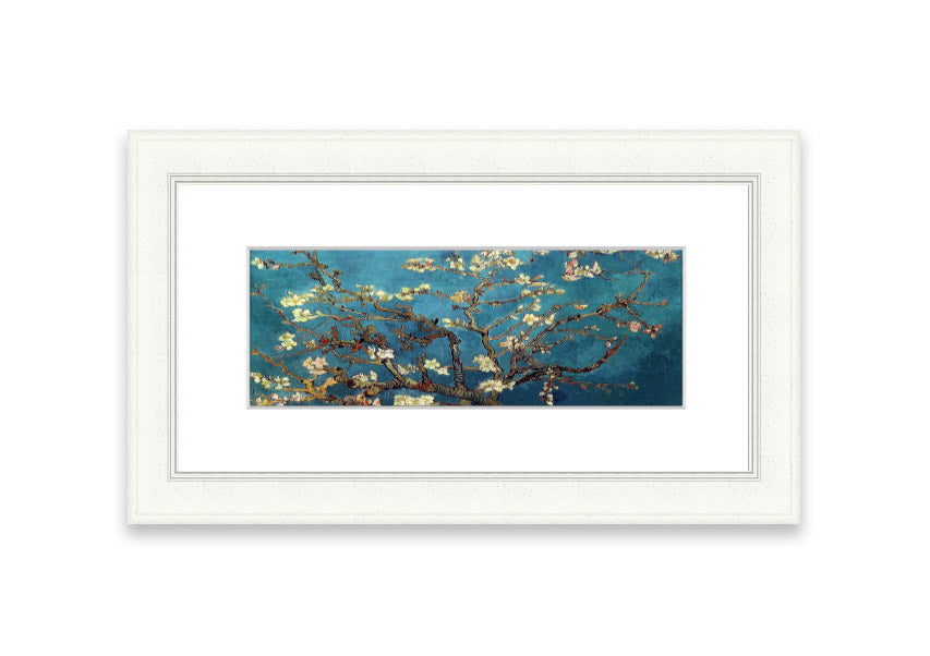 Framed print of almond branches, elegantly displayed in a stylish frame, showcasing intricate details and soft colors.