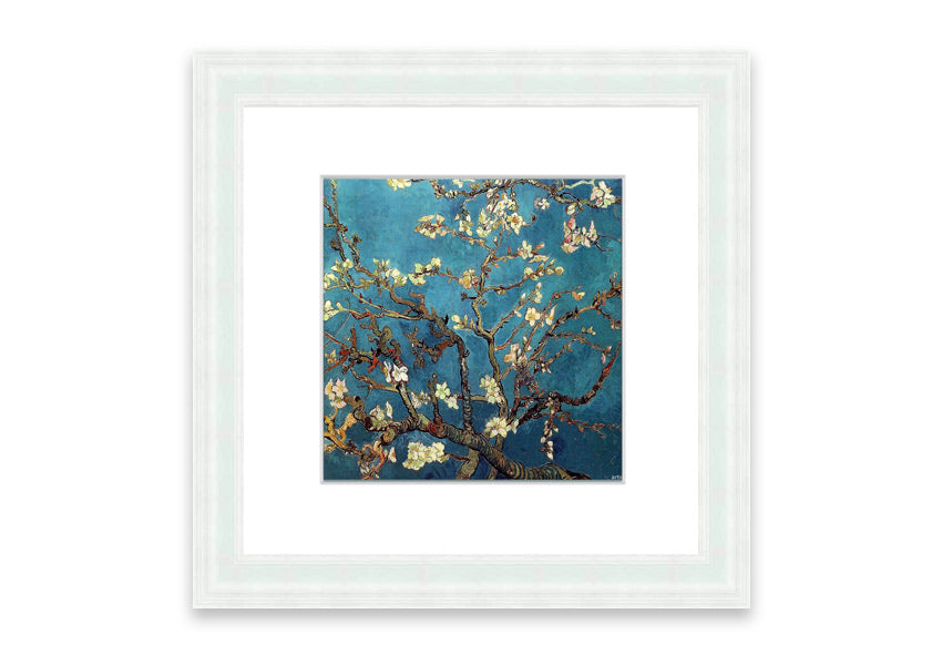 Framed print of almond branches, elegantly displayed in a stylish frame, showcasing intricate details and soft colors.