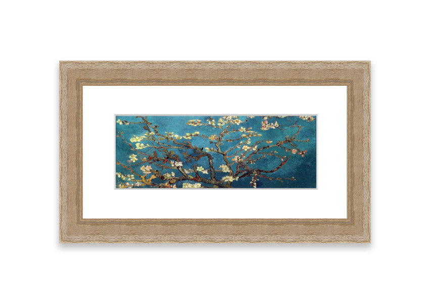 Framed print of almond branches, elegantly displayed in a stylish frame, showcasing intricate details and soft colors.