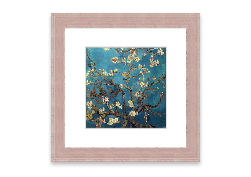 Framed print of almond branches, elegantly displayed in a stylish frame, showcasing intricate details and soft colors.