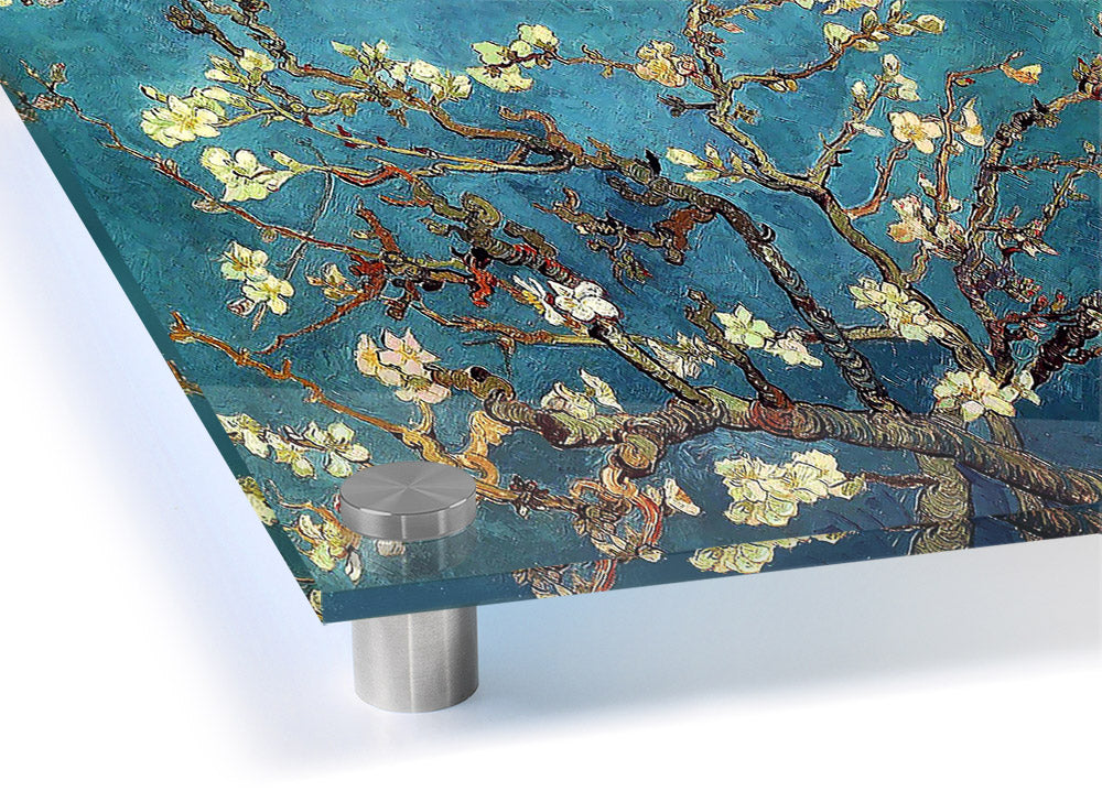 Acrylic print of almond branches, showcasing vibrant colors and intricate details on 5mm thick acrylic glass.