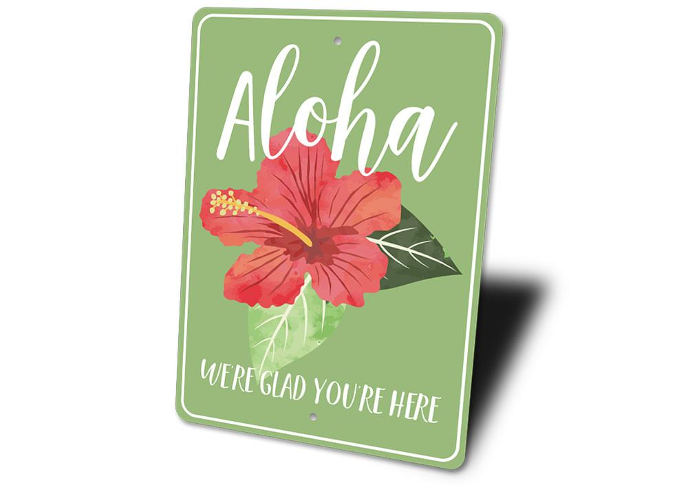 Aloha Flower Sign featuring vibrant floral design on quality aluminum, perfect for home decor.