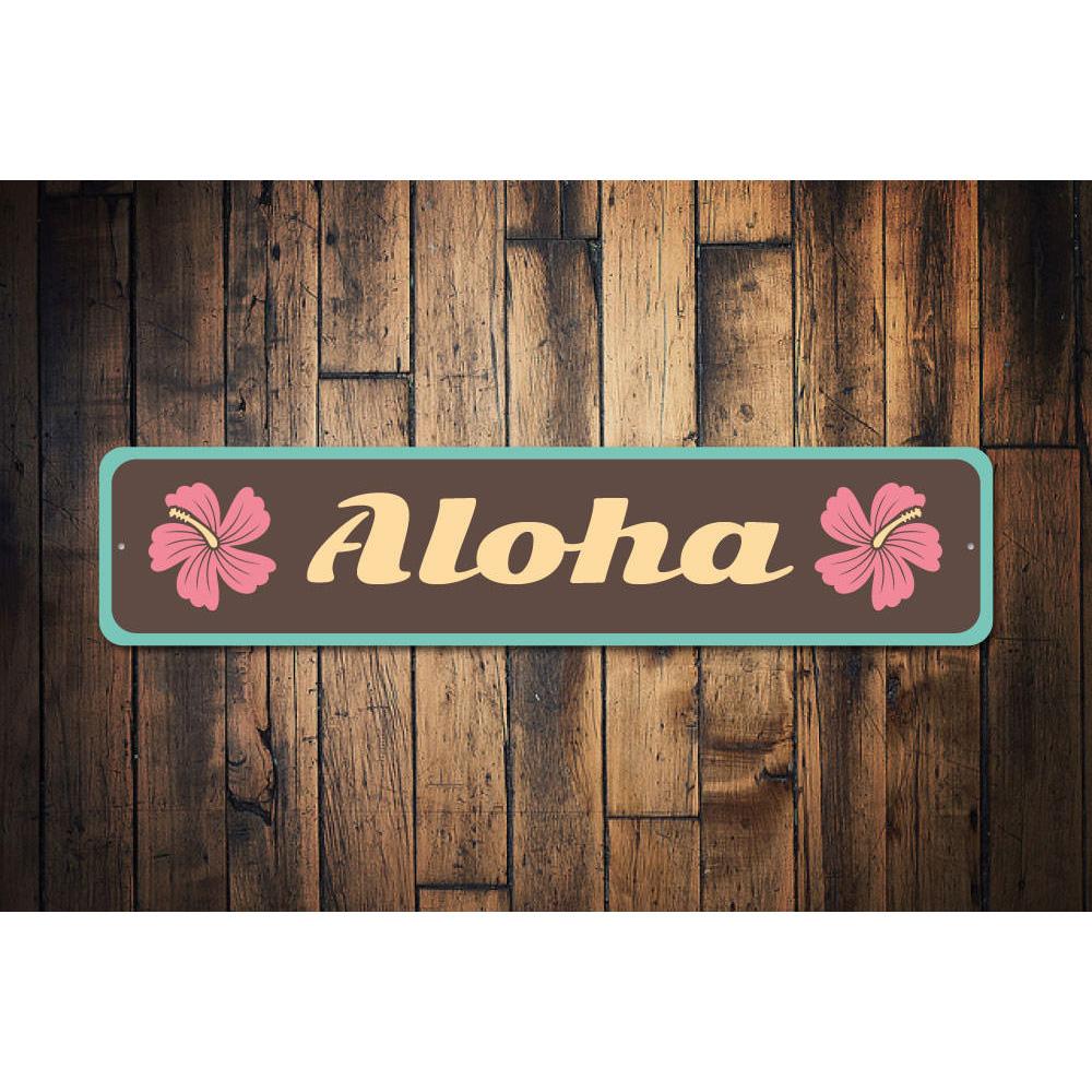 Aloha Sign made of high-quality aluminum, featuring vibrant colors and customizable text, perfect for home decor.