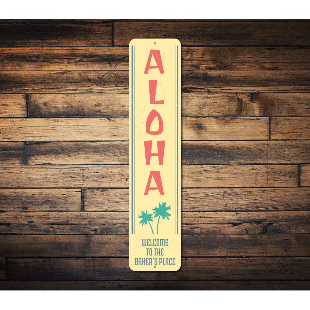 Aloha Vertical Sign made of high-quality aluminum, featuring vibrant colors and a tropical design, perfect for home decor.