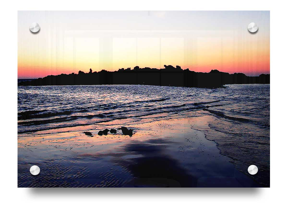 A vibrant acrylic print titled 'Along The Coast', showcasing a beautiful coastal scene, mounted and ready to hang.