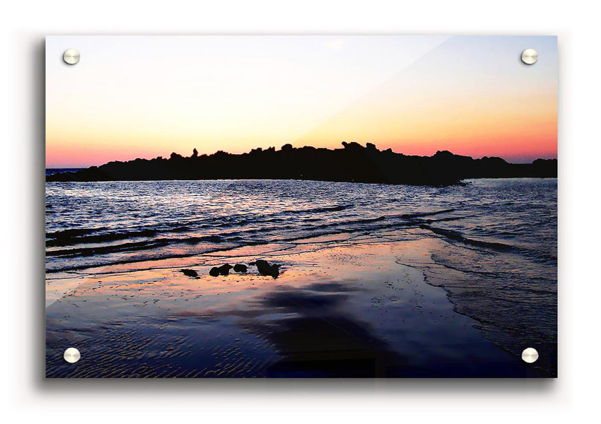 A vibrant acrylic print titled 'Along The Coast', showcasing a beautiful coastal scene, mounted and ready to hang.