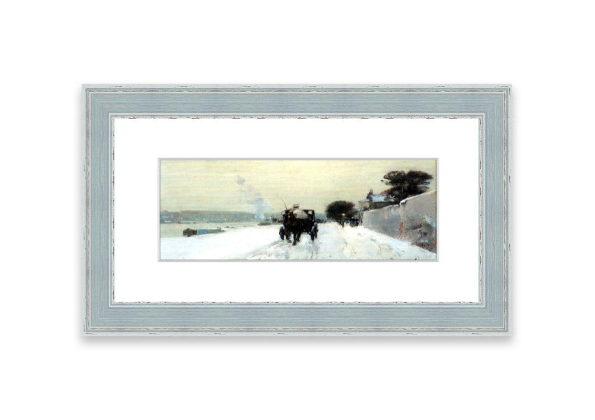 Framed print of 'Along The Seine, Winter' by Hassam, showcasing a serene winter landscape with soft hues.