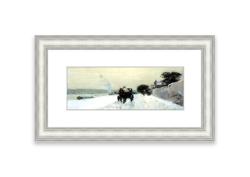 Framed print of 'Along The Seine, Winter' by Hassam, showcasing a serene winter landscape with soft hues.