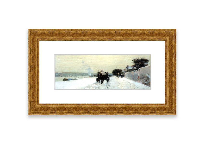 Framed print of 'Along The Seine, Winter' by Hassam, showcasing a serene winter landscape with soft hues.