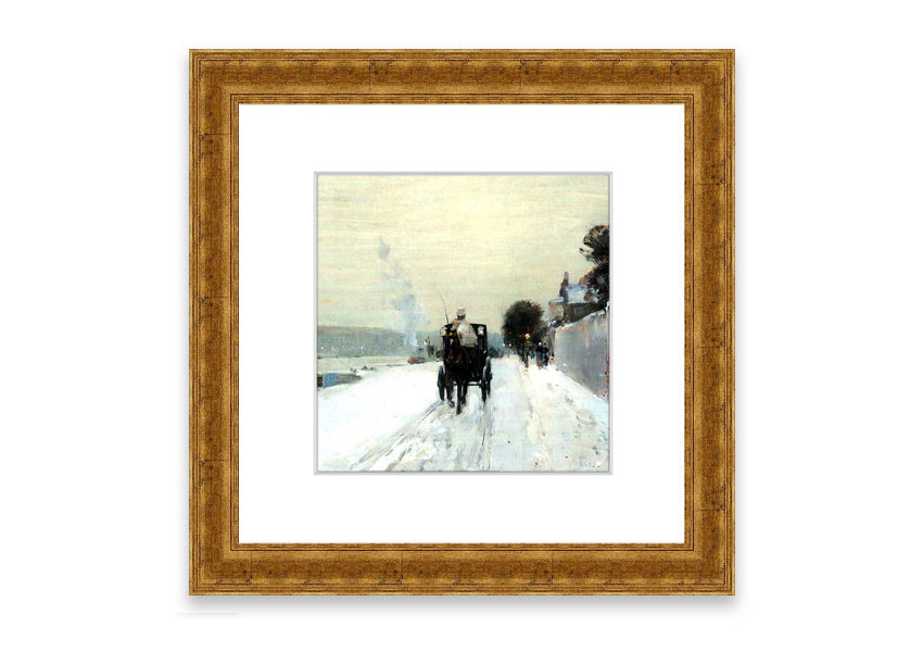 Framed print of 'Along The Seine, Winter' by Hassam, showcasing a serene winter landscape with soft hues.