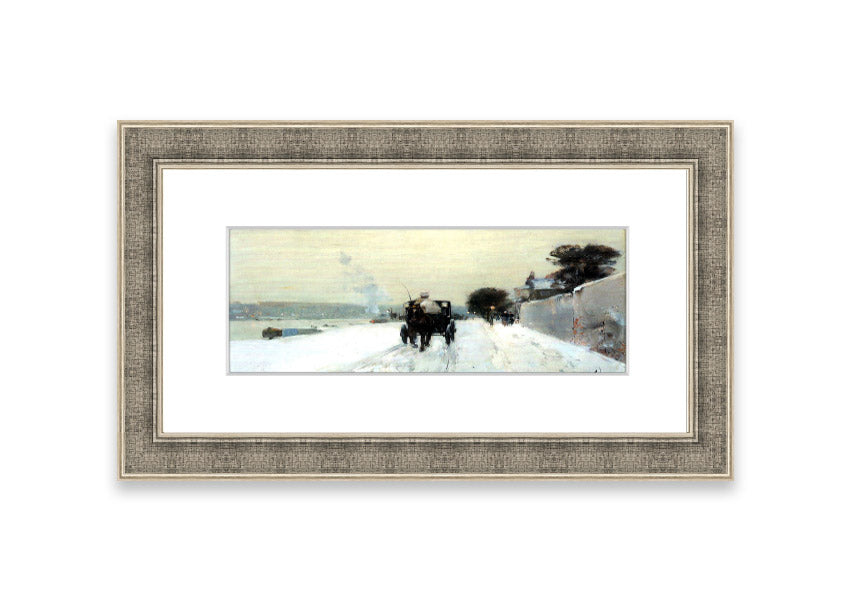 Framed print of 'Along The Seine, Winter' by Hassam, showcasing a serene winter landscape with soft hues.