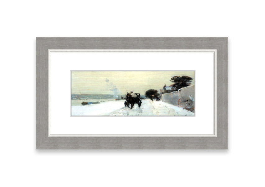 Framed print of 'Along The Seine, Winter' by Hassam, showcasing a serene winter landscape with soft hues.