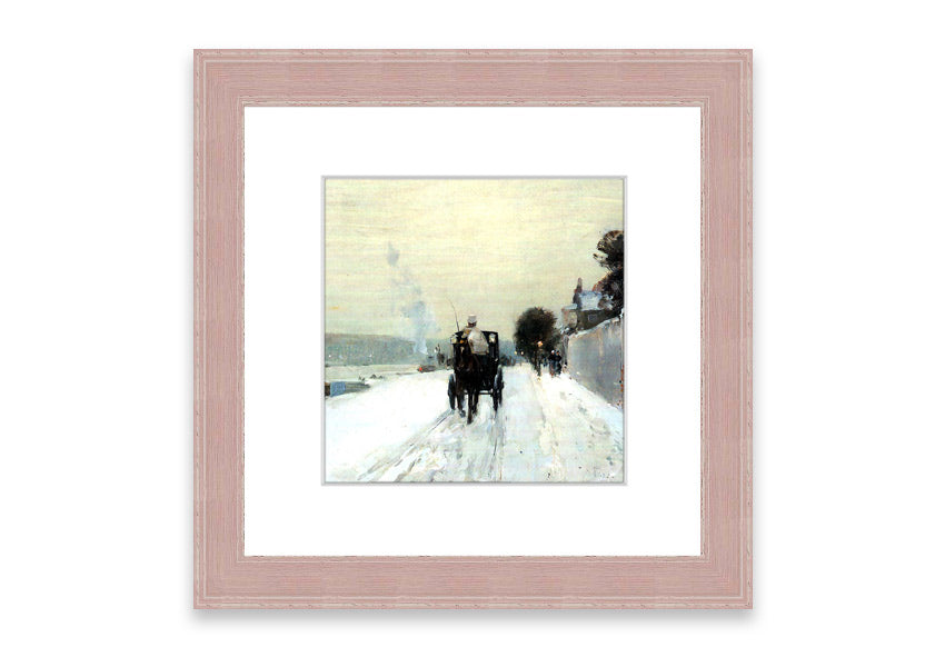 Framed print of 'Along The Seine, Winter' by Hassam, showcasing a serene winter landscape with soft hues.