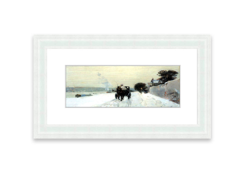 Framed print of 'Along The Seine, Winter' by Hassam, showcasing a serene winter landscape with soft hues.