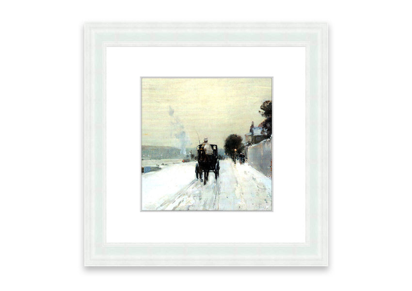 Framed print of 'Along The Seine, Winter' by Hassam, showcasing a serene winter landscape with soft hues.