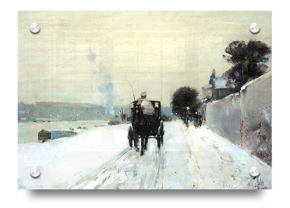 Acrylic print of 'Along The Seine, Winter' by Hassam, showcasing a serene winter landscape along the Seine River.