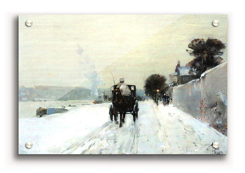 Acrylic print of 'Along The Seine, Winter' by Hassam, showcasing a serene winter landscape along the Seine River.