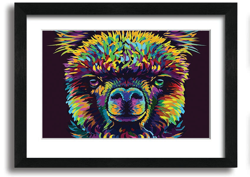 A vibrant framed print of an alpaca, showcasing colorful details, available in various frame colors.