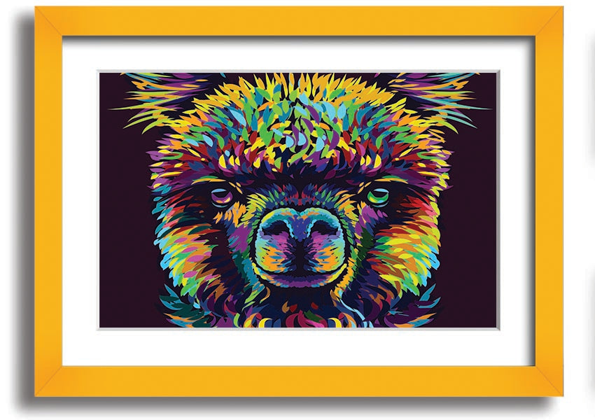 A vibrant framed print of an alpaca, showcasing colorful details, available in various frame colors.