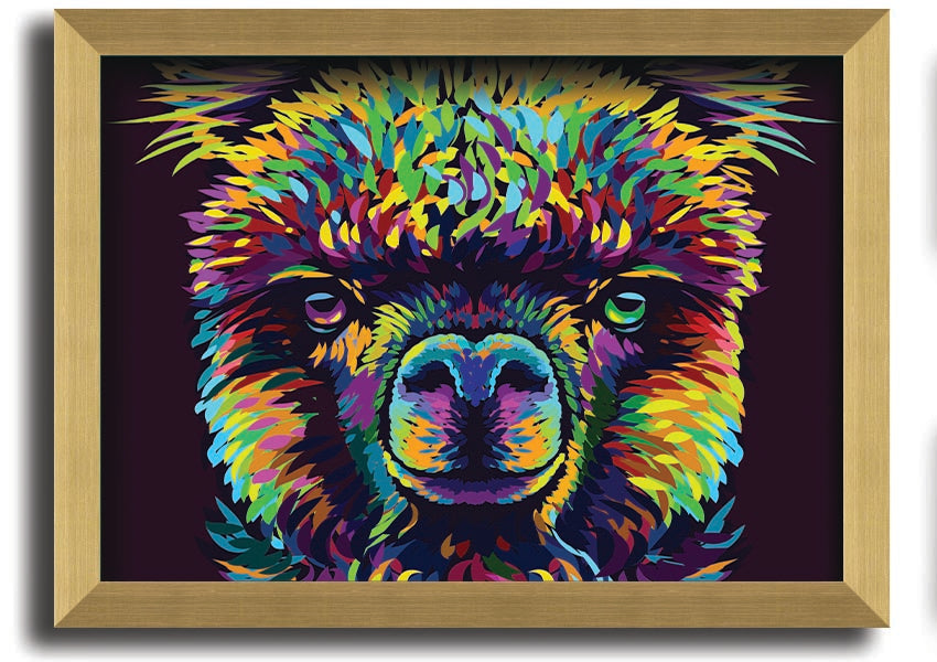 A vibrant framed print of an alpaca, showcasing colorful details, available in various frame colors.