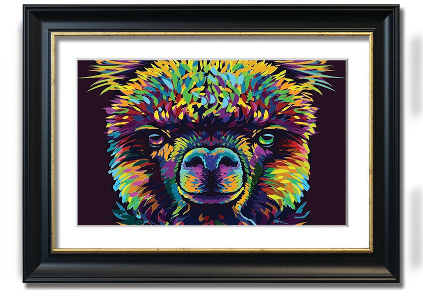 A vibrant framed print of an alpaca, showcasing colorful details, available in various frame colors.