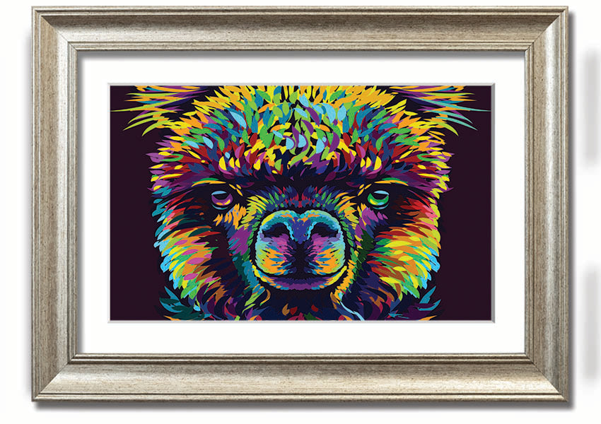 A vibrant framed print of an alpaca, showcasing colorful details, available in various frame colors.