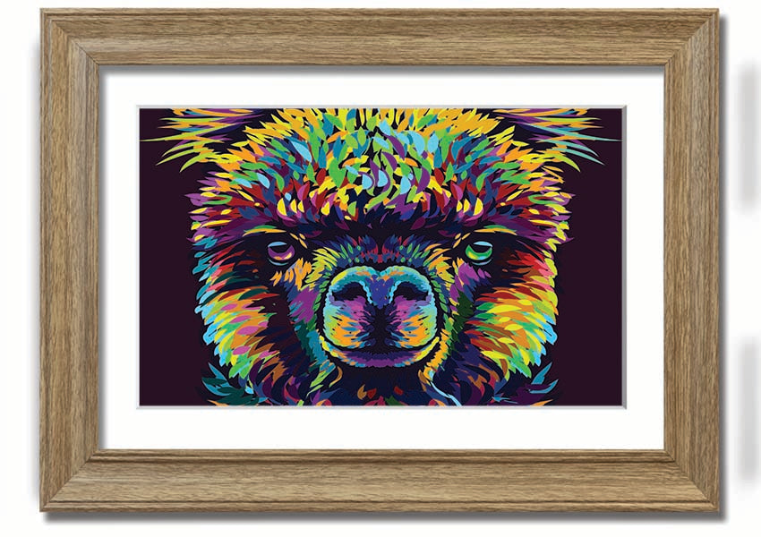 A vibrant framed print of an alpaca, showcasing colorful details, available in various frame colors.