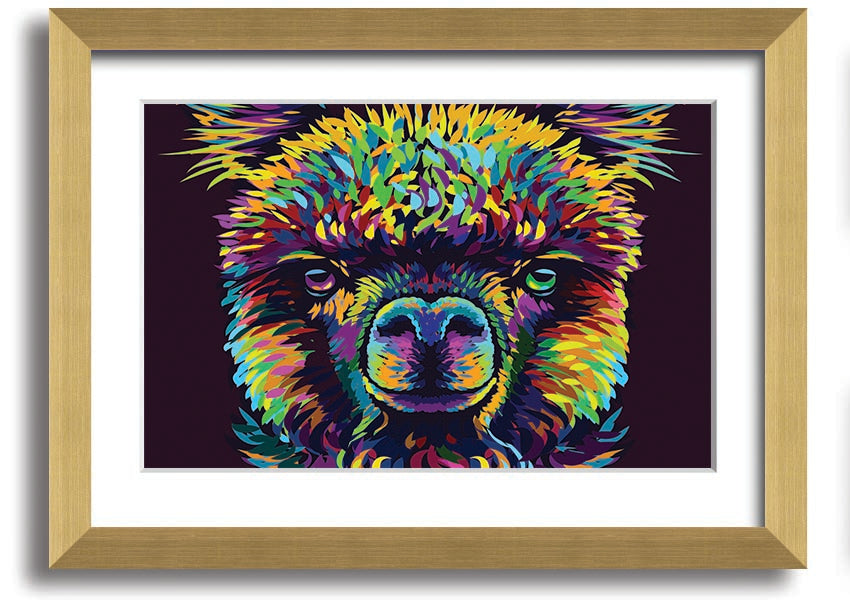 A vibrant framed print of an alpaca, showcasing colorful details, available in various frame colors.