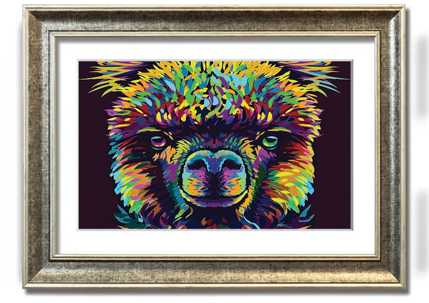 A vibrant framed print of an alpaca, showcasing colorful details, available in various frame colors.