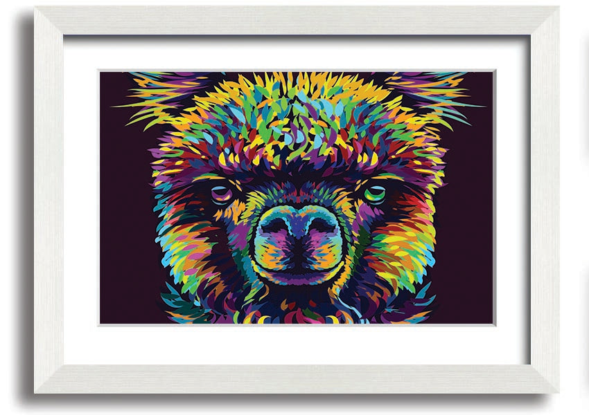 A vibrant framed print of an alpaca, showcasing colorful details, available in various frame colors.