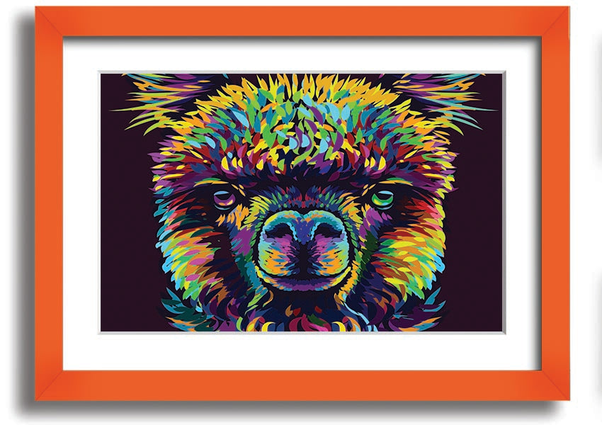 A vibrant framed print of an alpaca, showcasing colorful details, available in various frame colors.