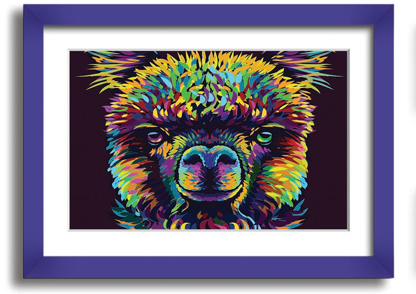 A vibrant framed print of an alpaca, showcasing colorful details, available in various frame colors.