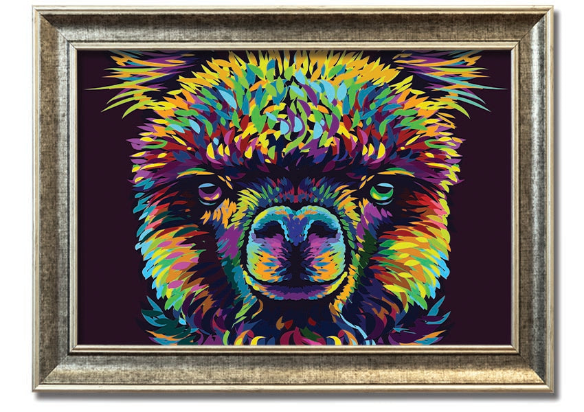 A vibrant framed print of an alpaca, showcasing colorful details, available in various frame colors.