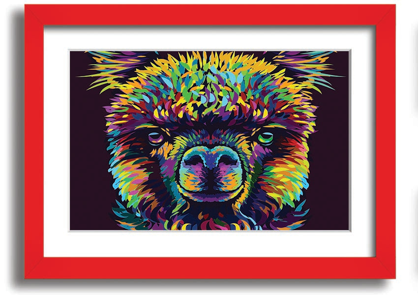 A vibrant framed print of an alpaca, showcasing colorful details, available in various frame colors.