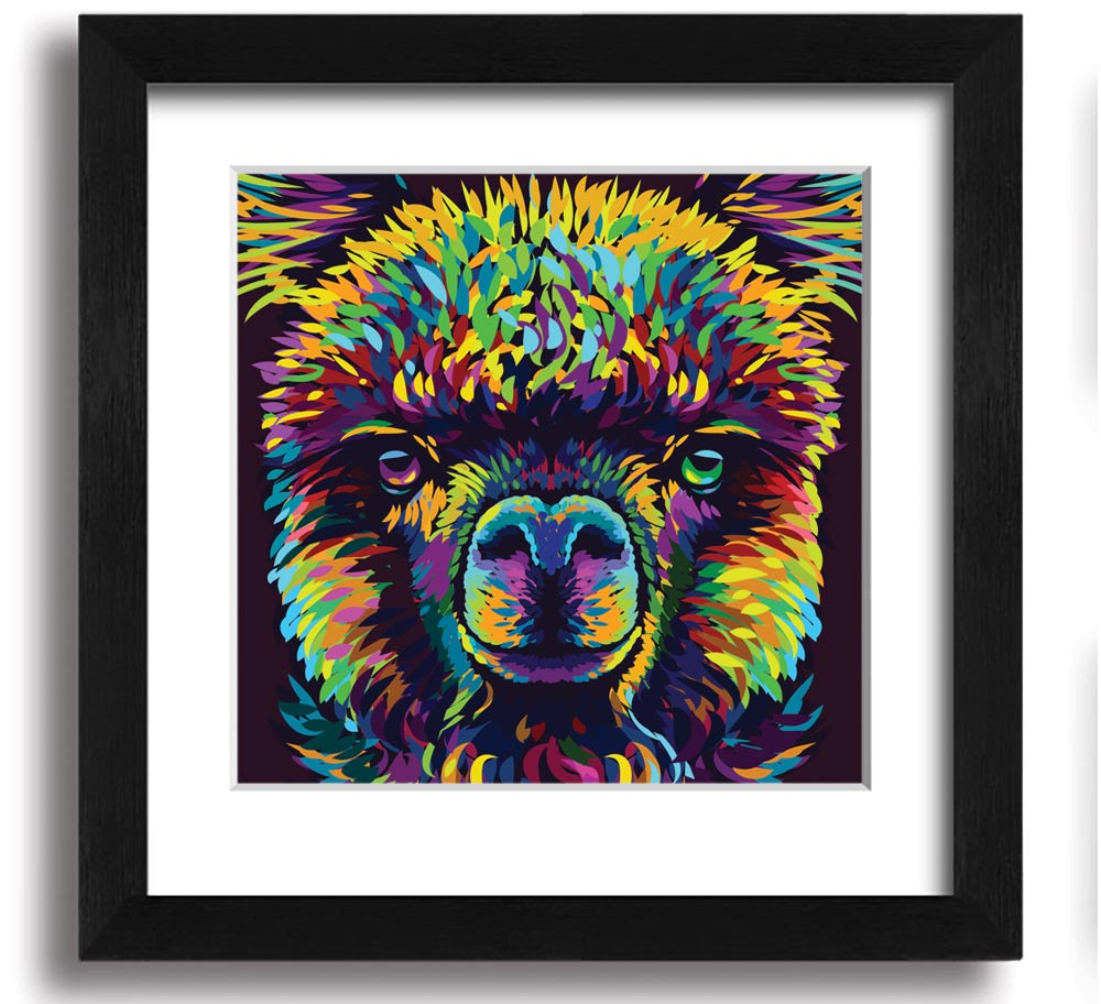 A vibrant square framed print featuring a colorful alpaca design, handmade in the UK, displayed in a stylish frame.