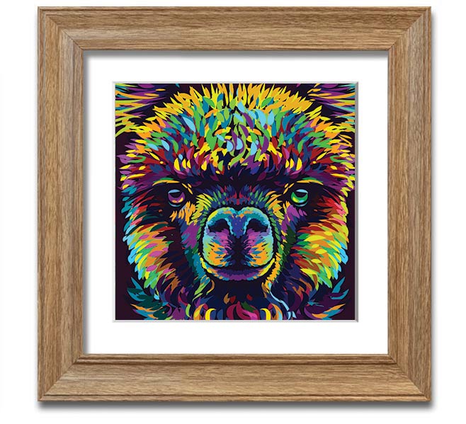 A vibrant square framed print featuring a colorful alpaca design, handmade in the UK, displayed in a stylish frame.