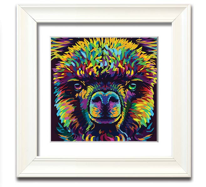 A vibrant square framed print featuring a colorful alpaca design, handmade in the UK, displayed in a stylish frame.