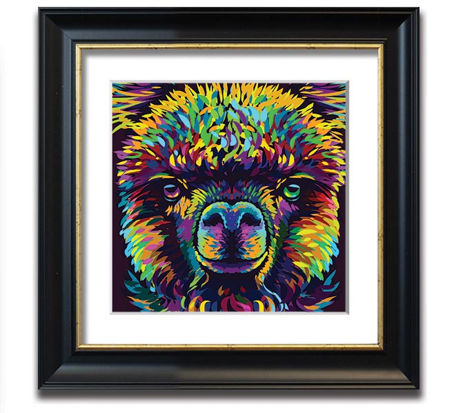 A vibrant square framed print featuring a colorful alpaca design, handmade in the UK, displayed in a stylish frame.