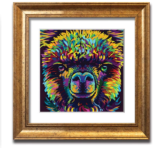 A vibrant square framed print featuring a colorful alpaca design, handmade in the UK, displayed in a stylish frame.