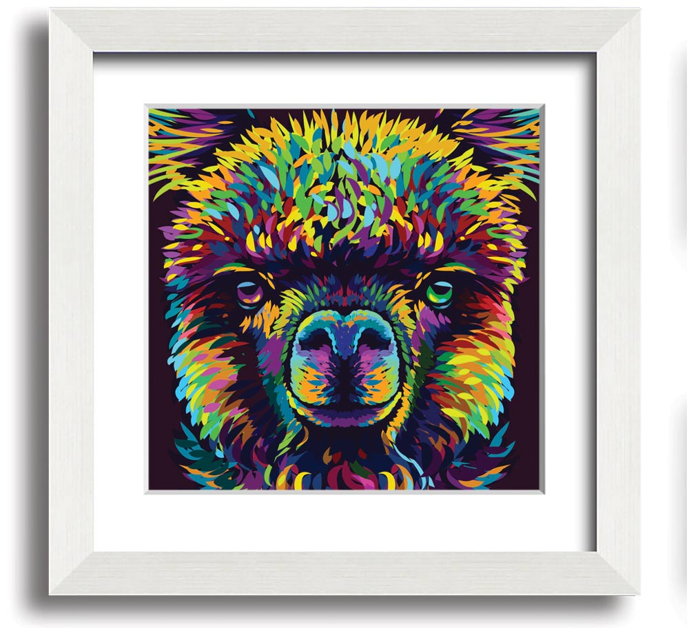 A vibrant square framed print featuring a colorful alpaca design, handmade in the UK, displayed in a stylish frame.