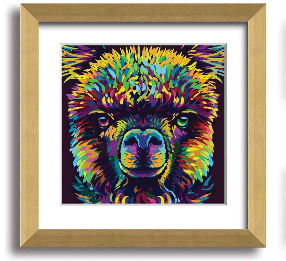 A vibrant square framed print featuring a colorful alpaca design, handmade in the UK, displayed in a stylish frame.