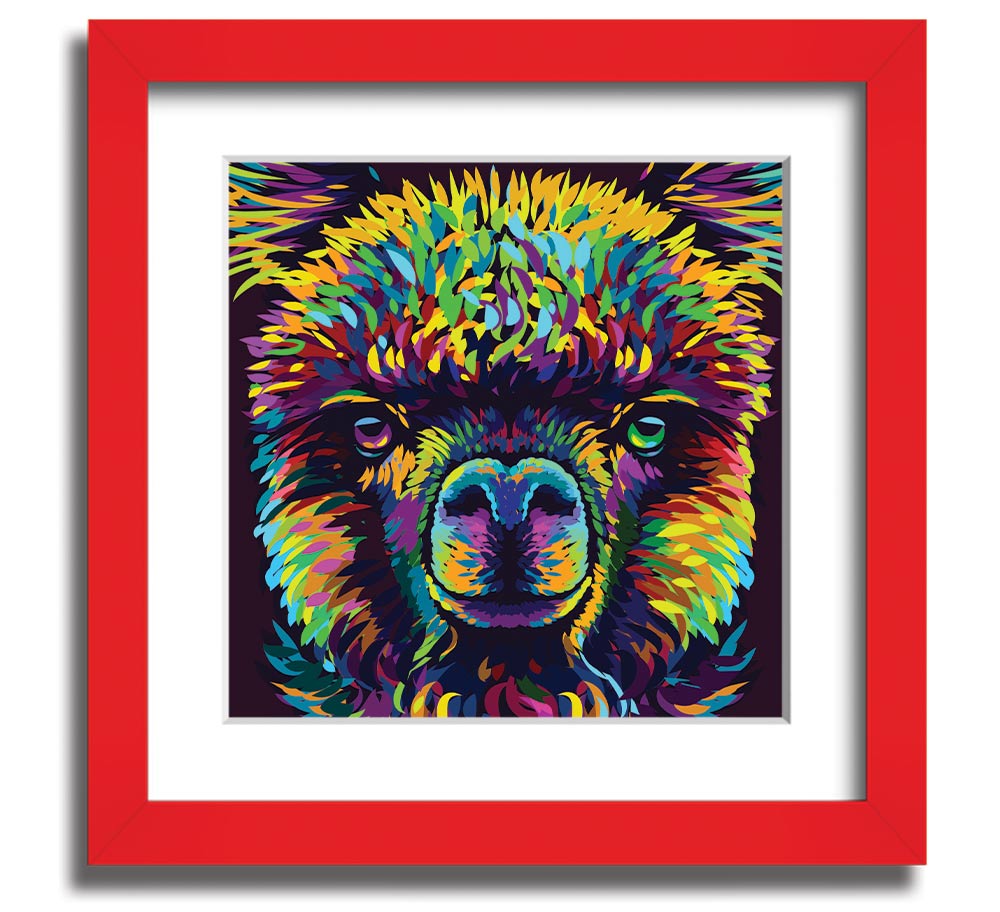 A vibrant square framed print featuring a colorful alpaca design, handmade in the UK, displayed in a stylish frame.