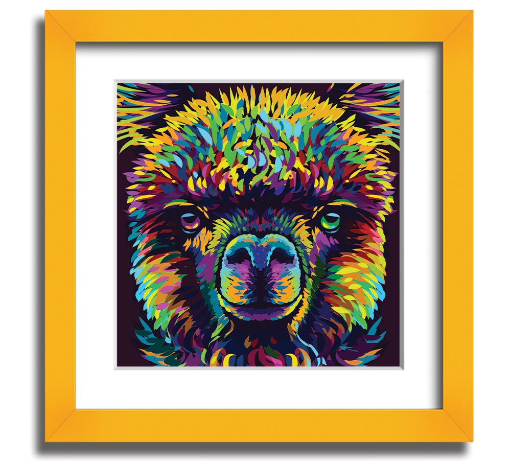 A vibrant square framed print featuring a colorful alpaca design, handmade in the UK, displayed in a stylish frame.