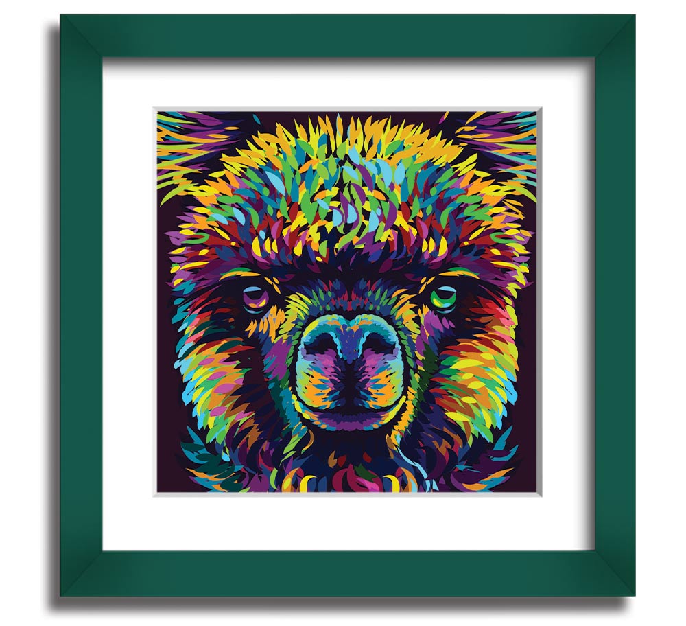 A vibrant square framed print featuring a colorful alpaca design, handmade in the UK, displayed in a stylish frame.