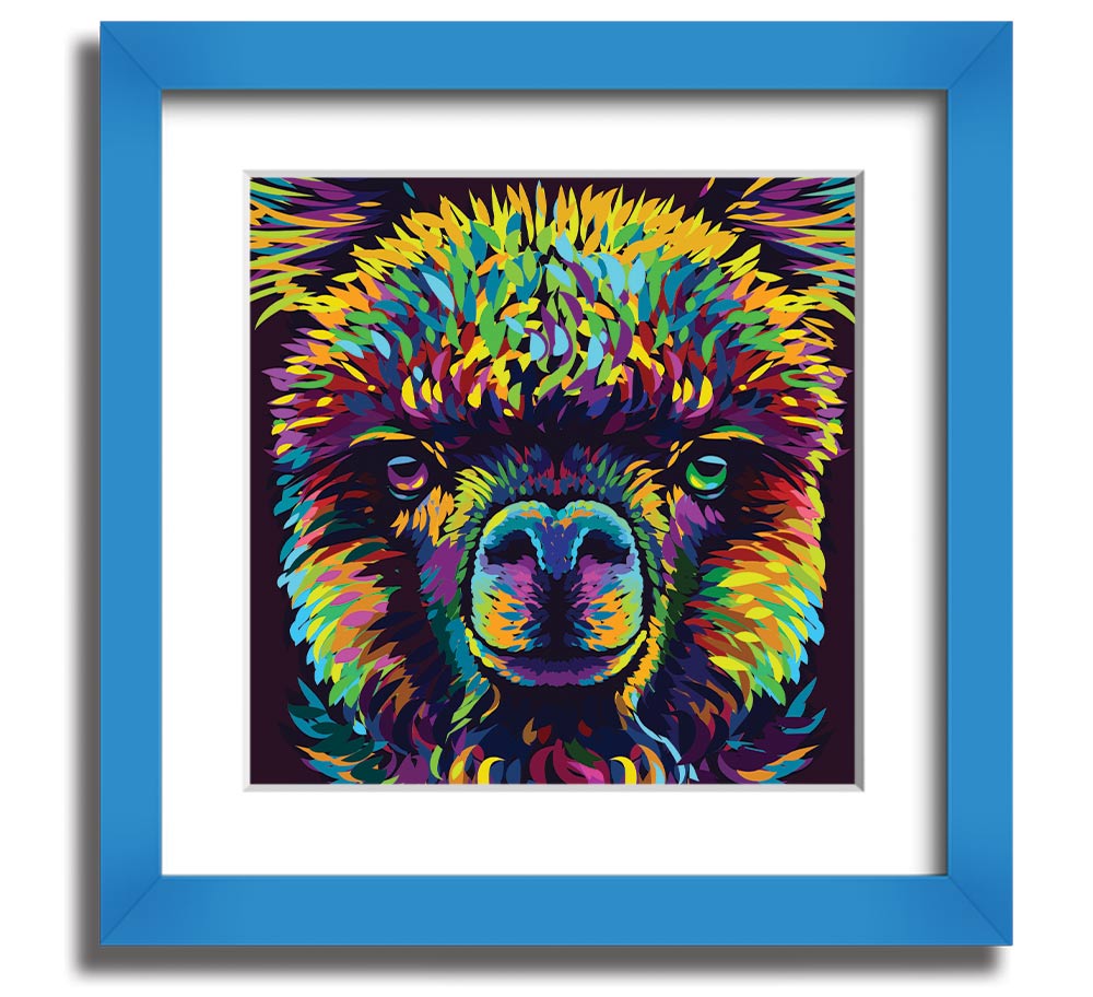 A vibrant square framed print featuring a colorful alpaca design, handmade in the UK, displayed in a stylish frame.