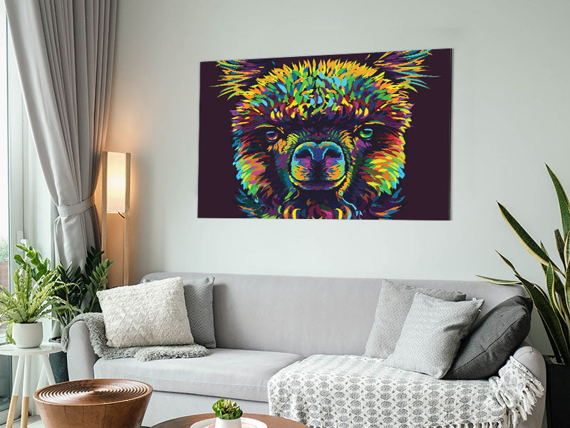 Vibrant 'Alpaca In Colour' artwork printed on brushed aluminium dibond, showcasing a colorful alpaca design.