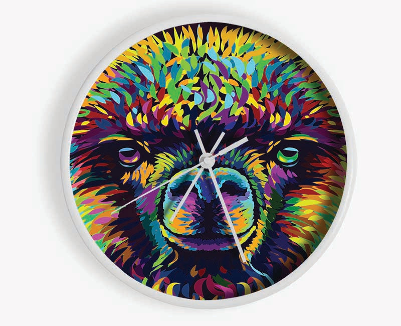 Alpaca In Colour clock made from natural bamboo with a round face, available in black, white, and natural frame colors.