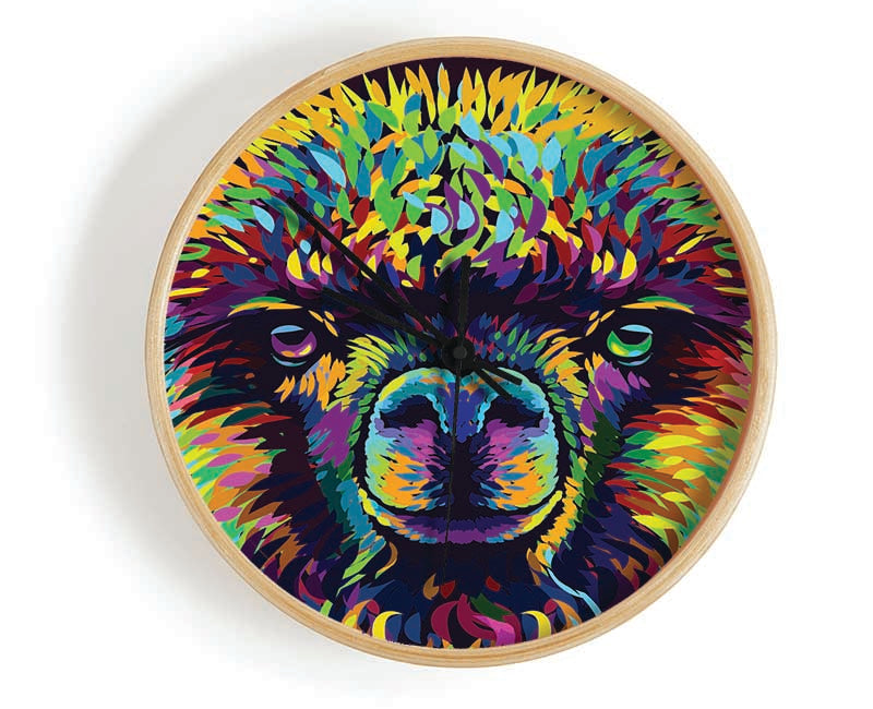 Alpaca In Colour clock made from natural bamboo with a round face, available in black, white, and natural frame colors.