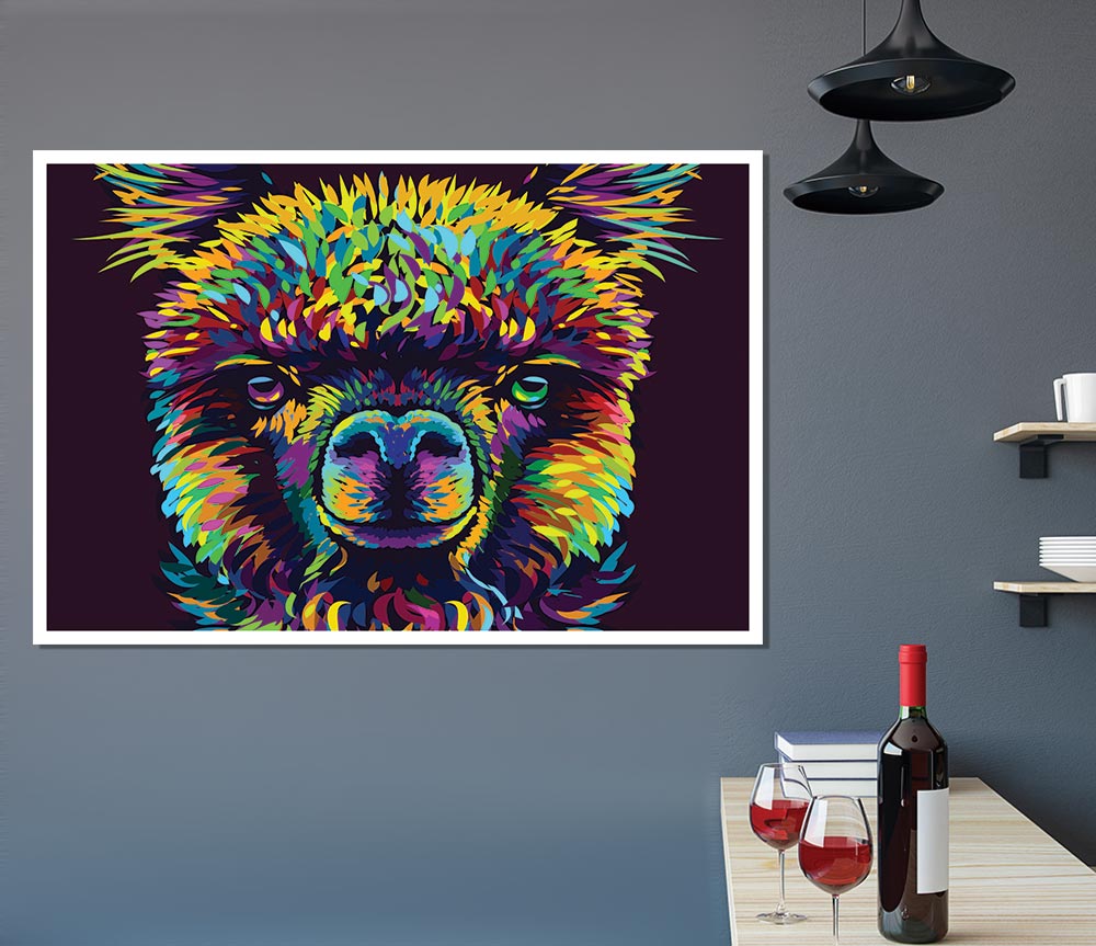 A colorful alpaca illustration on high-quality canvas, showcasing vibrant hues and artistic design.