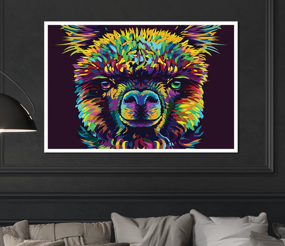 A colorful alpaca illustration on high-quality canvas, showcasing vibrant hues and artistic design.